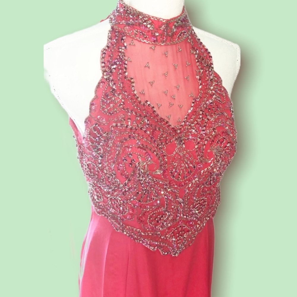 Vintage Beaded Sequin Silk Dress Hot Pink size 12 high neck opened on back